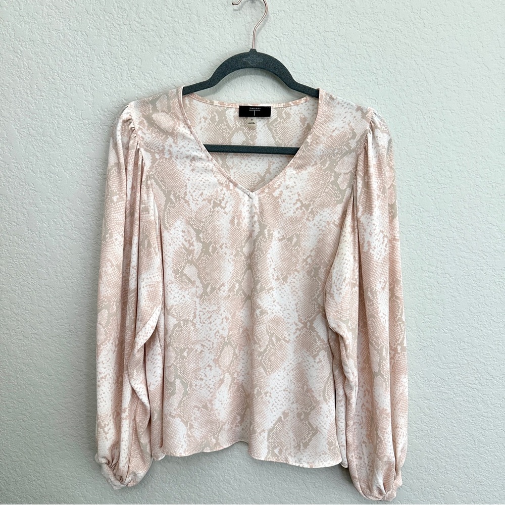 Tahari BlushPink Cream Gray pattern Womens puff long sleeve Blouse Top V-Neck